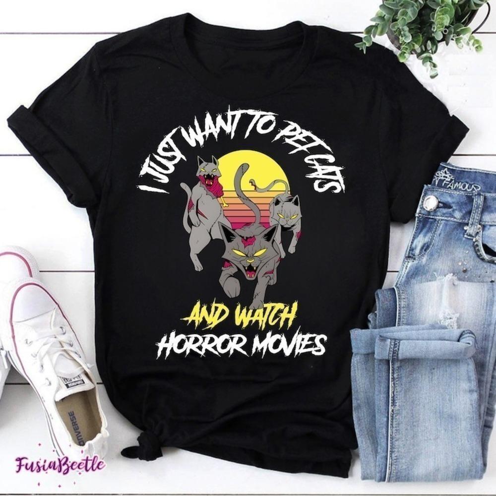 Cats And Horror Movies Funny Retro Horror Cat Lover TShirt
